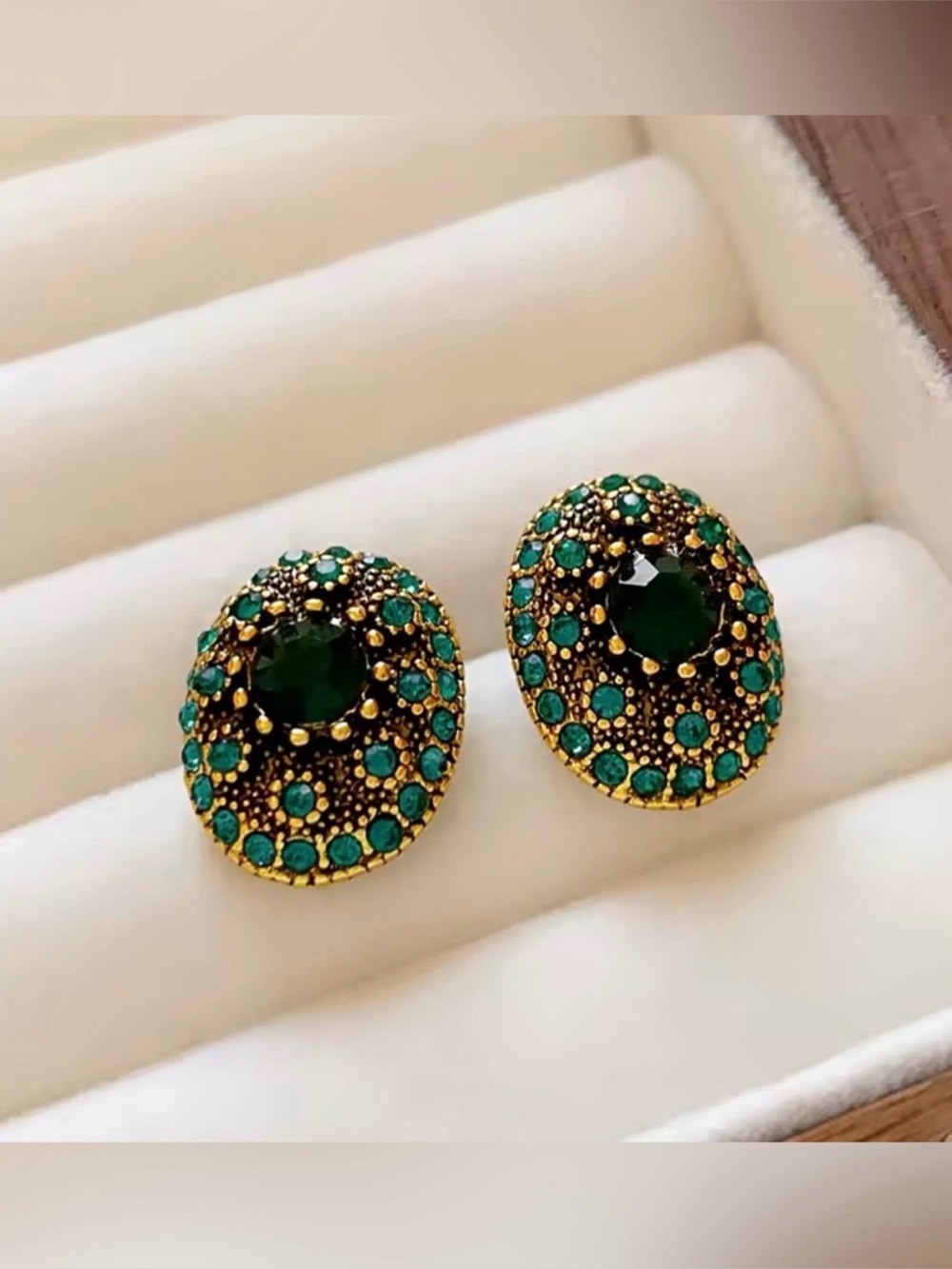 Green Crystal Oval Stud Earrings - Emerald Tone - Picture 4 of 6